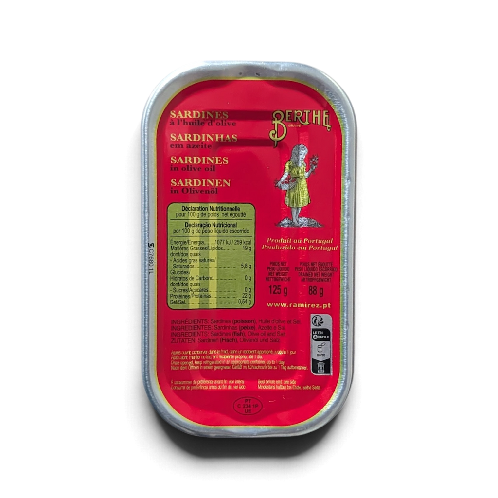 Back of a Tin of Berthe Sardines in Olive Oil