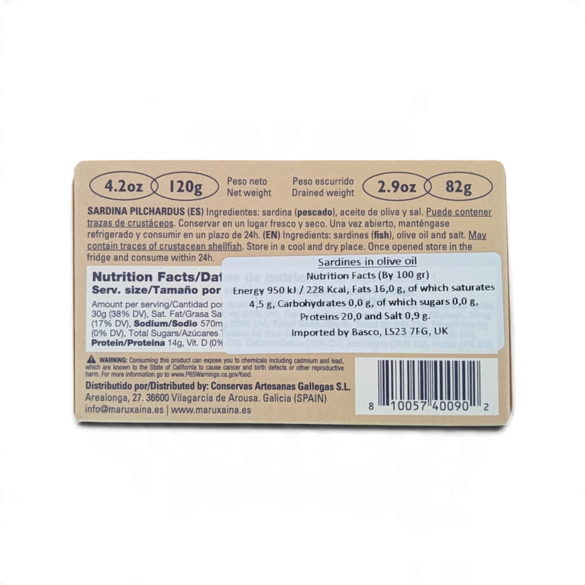 Maruxaina sardines in olive oil - back of tin