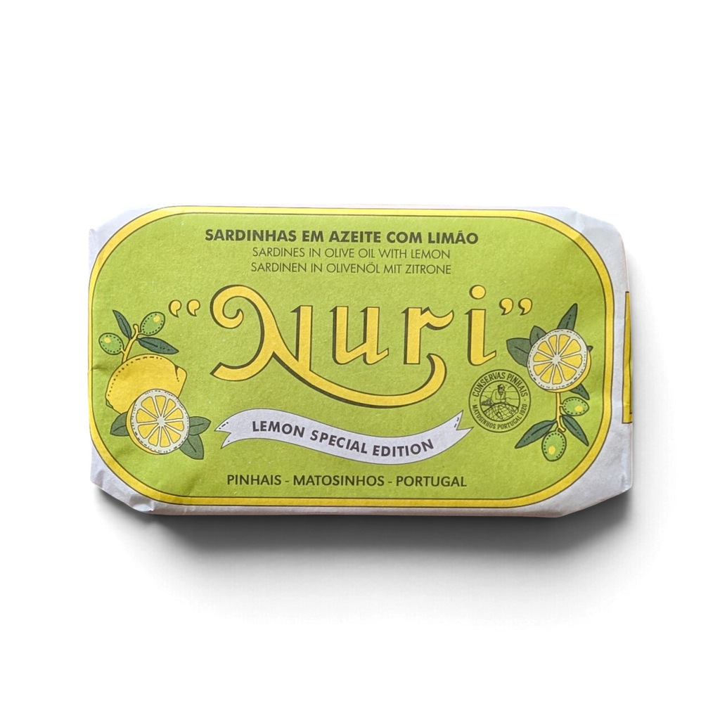 Front of a tin of Nuri Sardines in Olive Oil with Lemon
