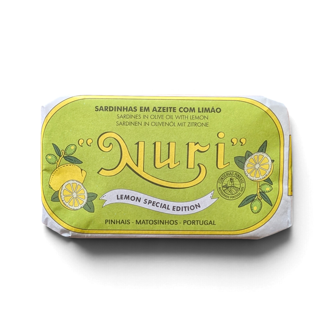 Front of a tin of Nuri Sardines in Olive Oil with Lemon