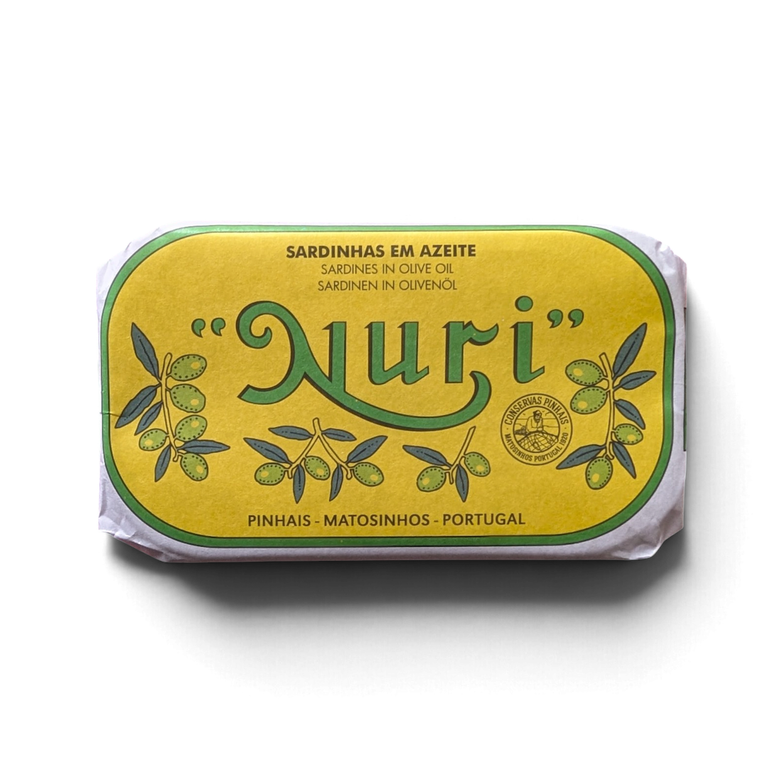 Front of a tin of Nuri Sardines in Olive Oil