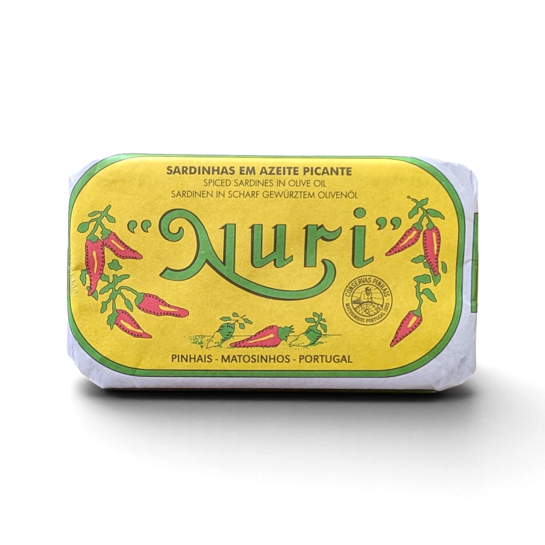 Front of a tin of Nuri Spiced Sardines in Olive Oil