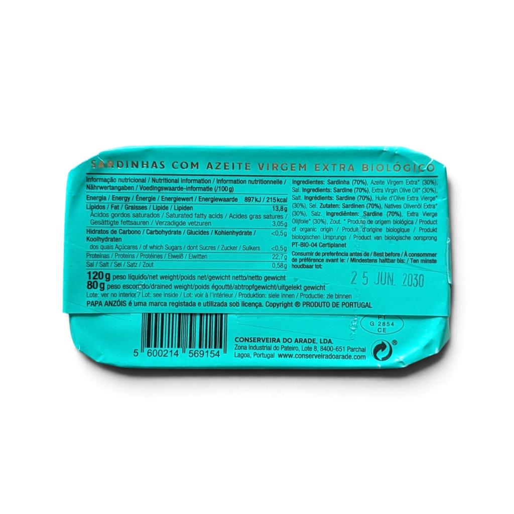 Back of a Tin of Papa Anzois Sardines in Organic Extra Virgin Olive Oil
