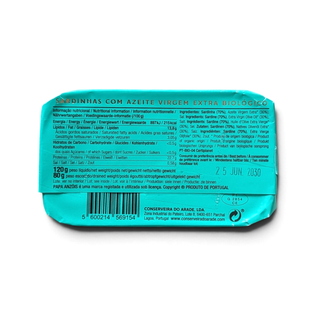 Back of a Tin of Papa Anzois Sardines in Organic Extra Virgin Olive Oil