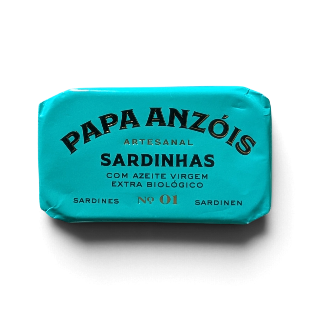 Front of a Tin of Papa Anzois Sardines in Organic Extra Virgin Olive Oil