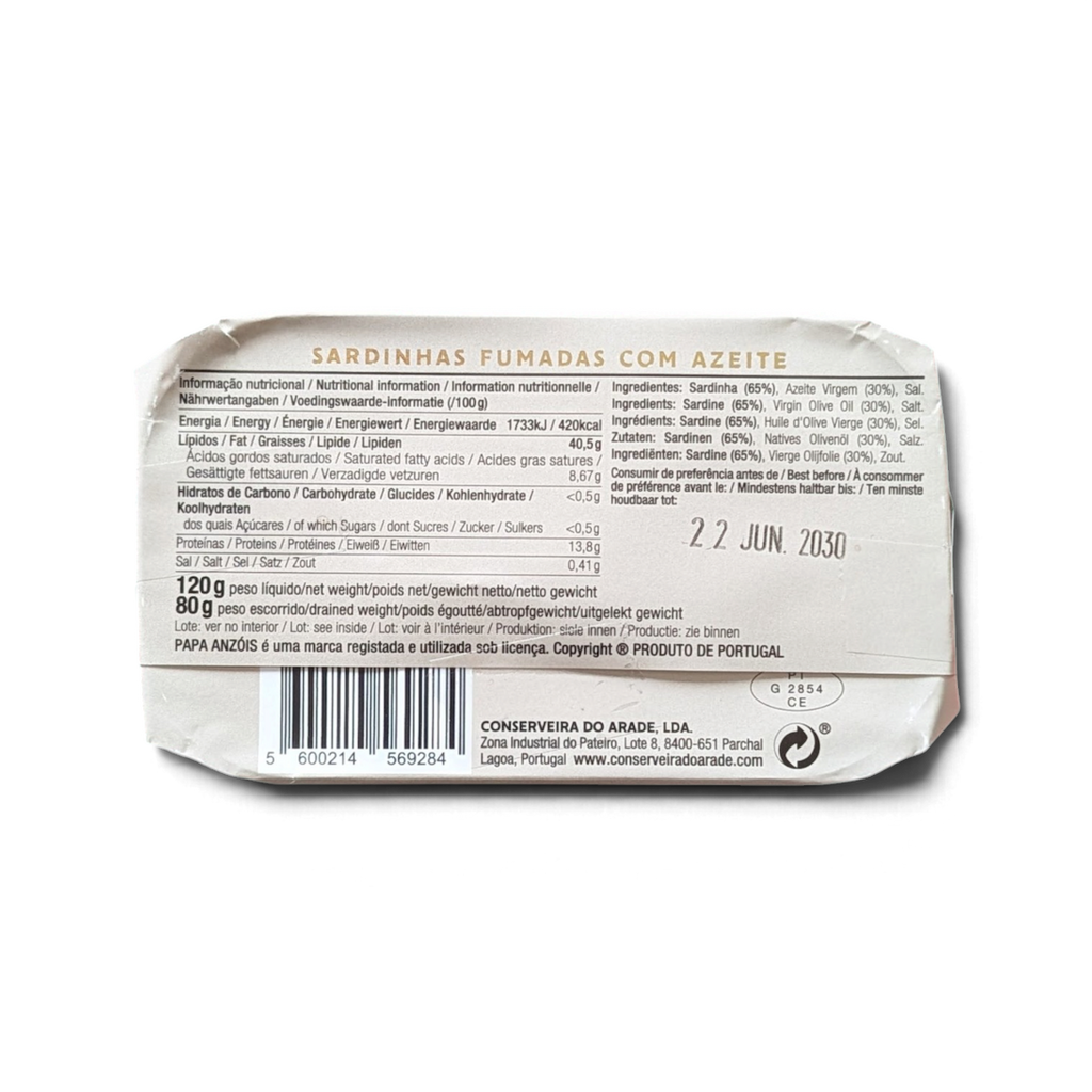 Back of a Tin of Papa Anzois Smoked Sardines in Olive Oil