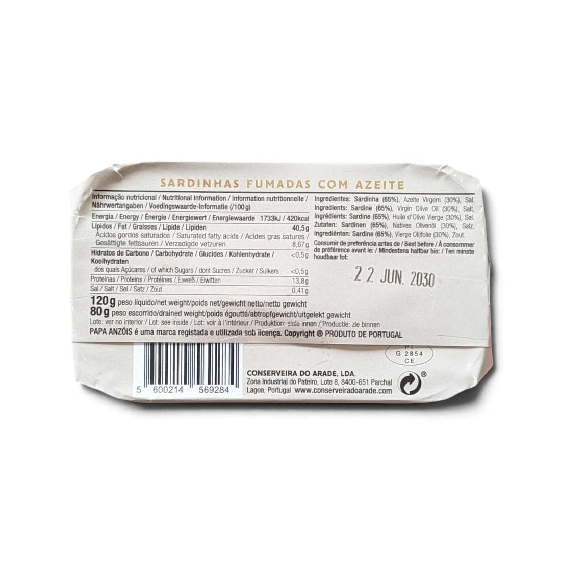 Back of a Tin of Papa Anzois Smoked Sardines in Olive Oil