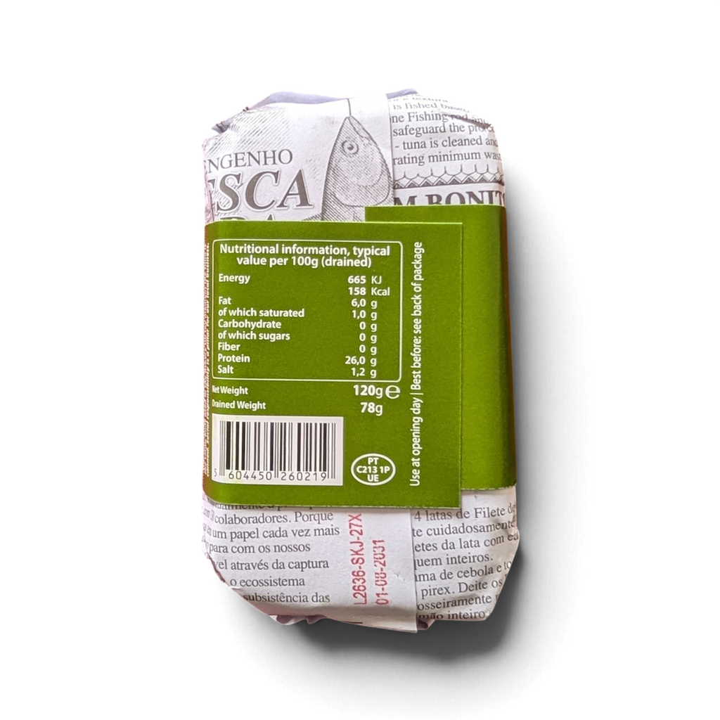 Back of a tin of Santa Catarina Tinned Tuna in Mediterranean Sauce 