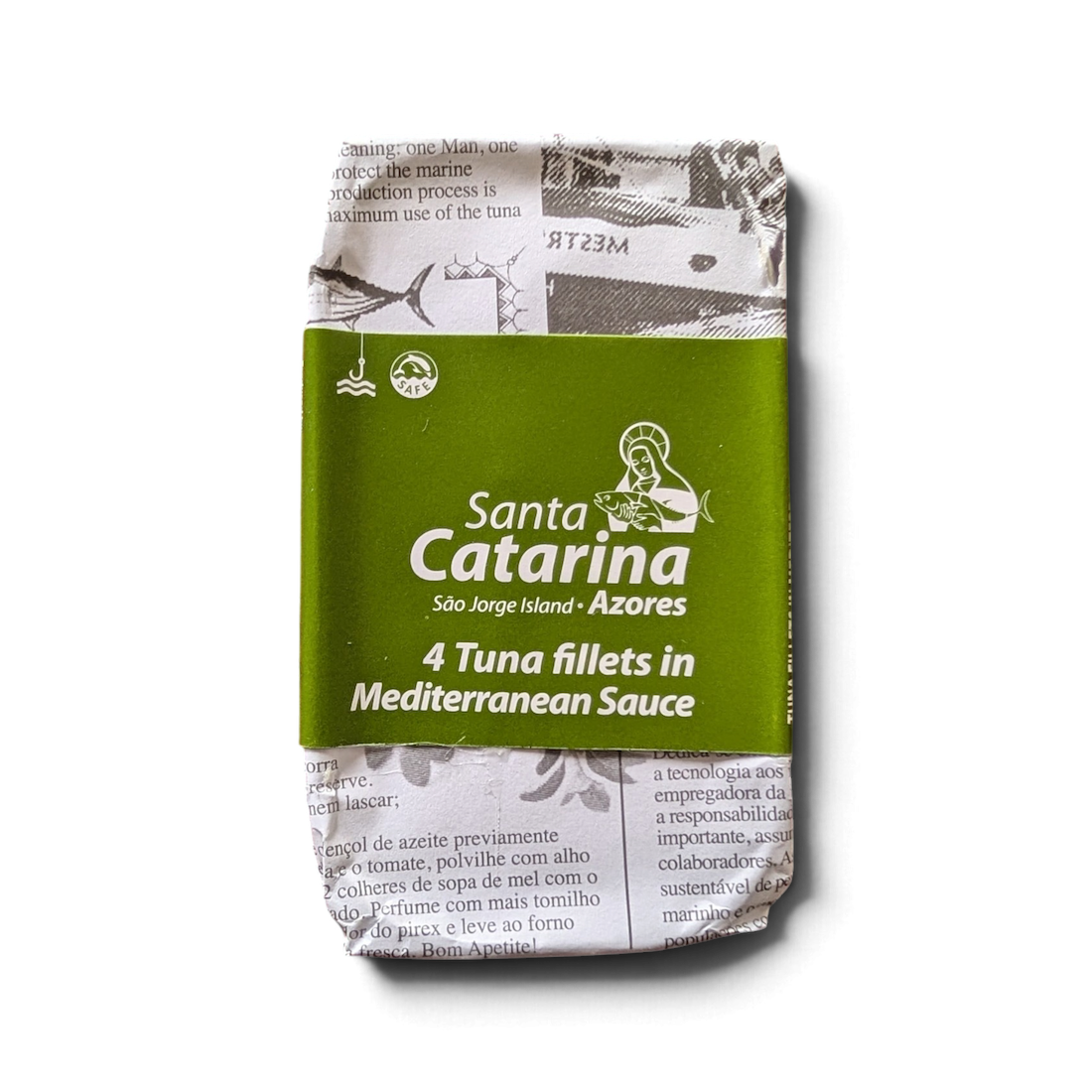 Front of a tin of Santa Catarina Tinned Tuna in Mediterranean Sauce 